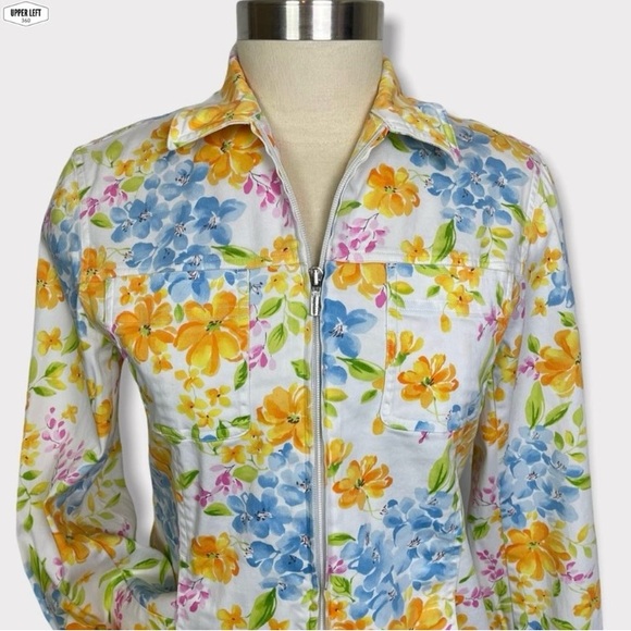 Stretch Denim Floral Jacket Full Zip Y2K Unique Jones New York Small - Picture 3 of 16